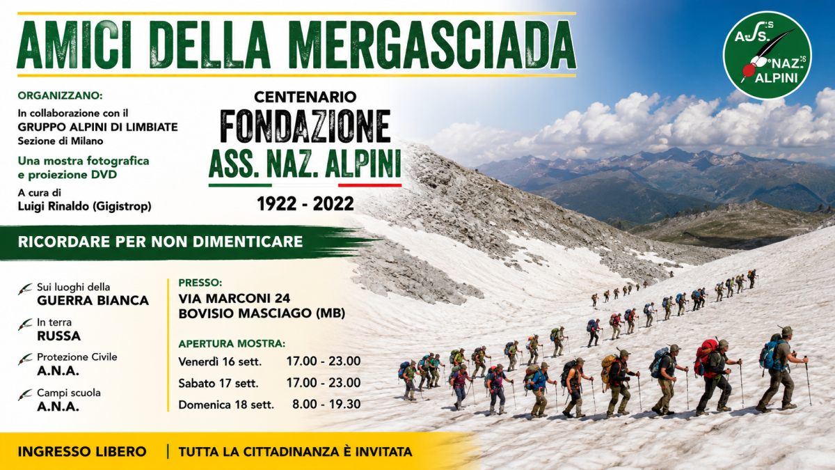 Escursionisti alpini sulla neve durante l'immagine promozionale della mostra fotografica per il Centenario dell'Associazione Nazionale Alpini, organizzata a Bovisio Masciago nel settembre 2022.