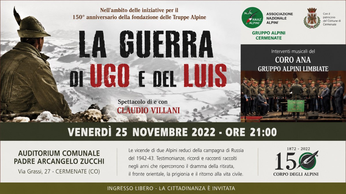 Locandina illustrata dello spettacolo La guerra di Ugo e del Luis dedicato alla memoria degli Alpini della campagna di Russia, Auditorium di Cermenate, 25 novembre 2022.