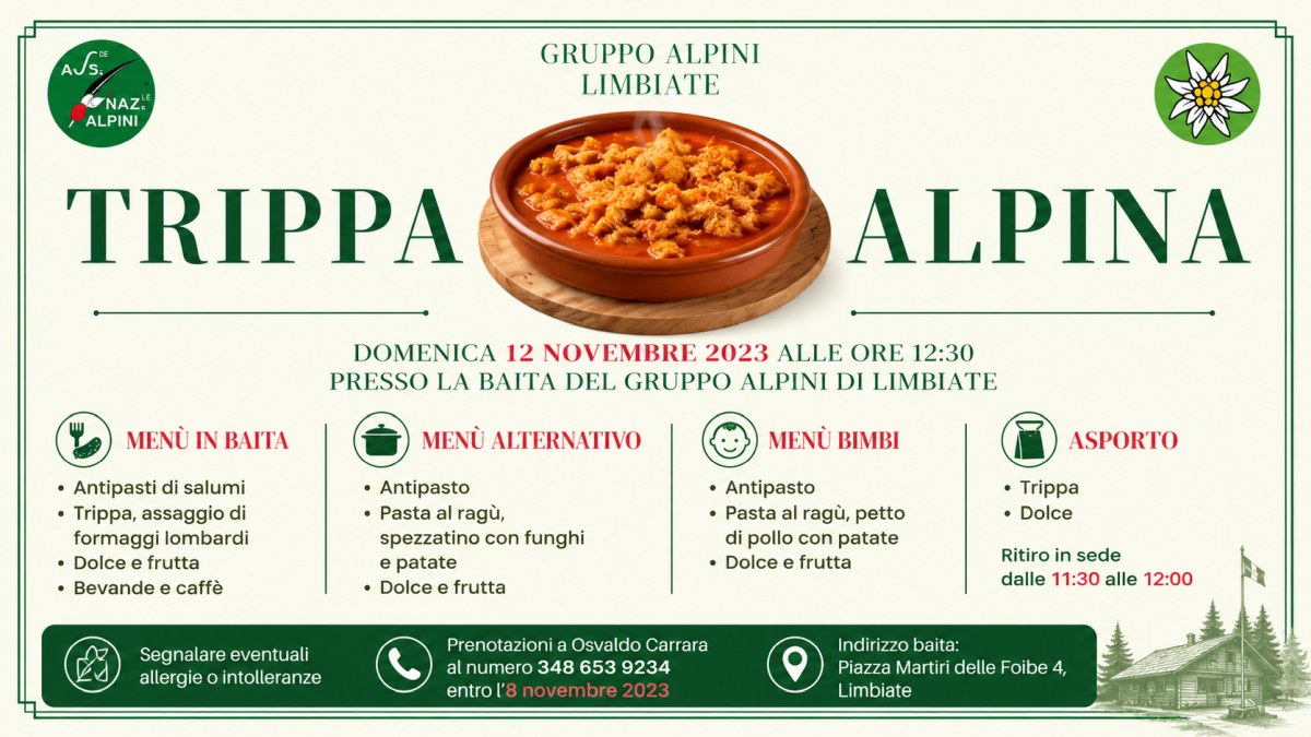 Trippa Alpina organizzata dal Gruppo Alpini di Limbiate presso la Baita Alpini con menu tradizionale della cucina lombarda