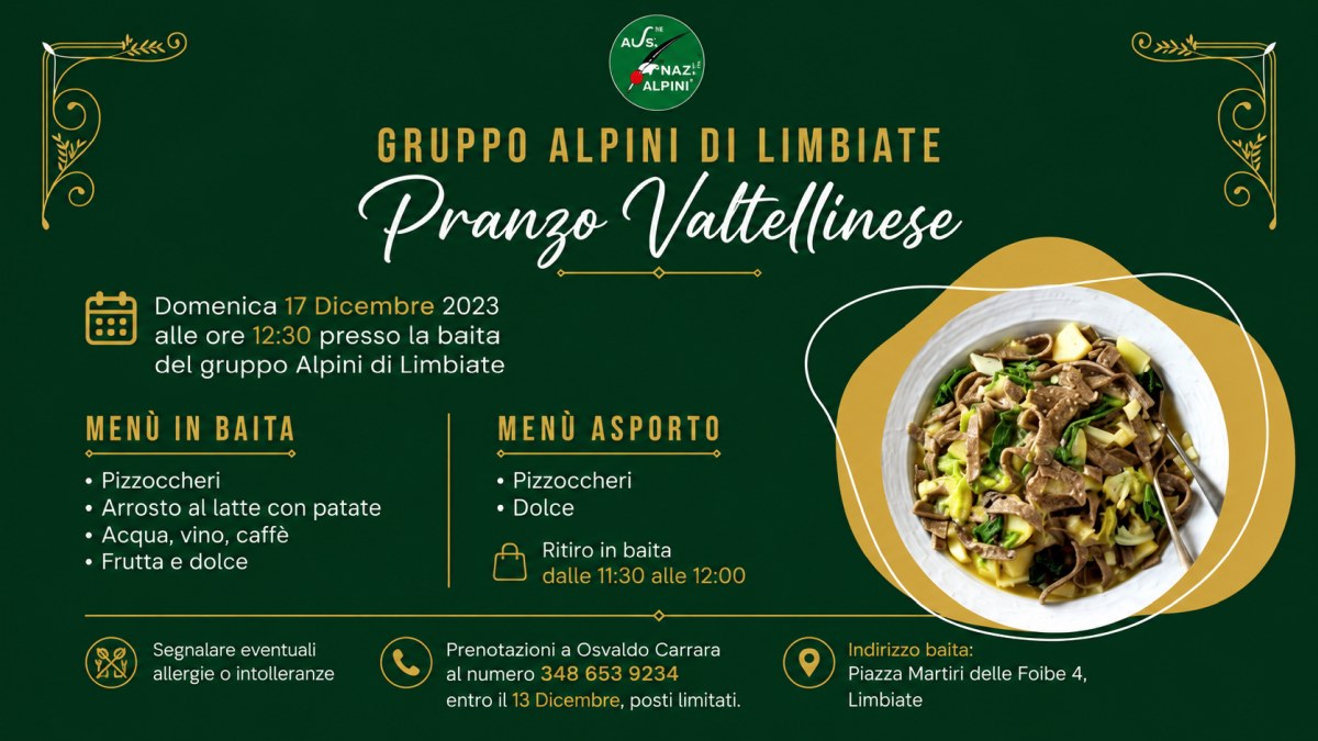 Pranzo Valtellinese organizzato dal Gruppo Alpini di Limbiate con pizzoccheri e specialità della tradizione valtellinese presso la Baita Alpini