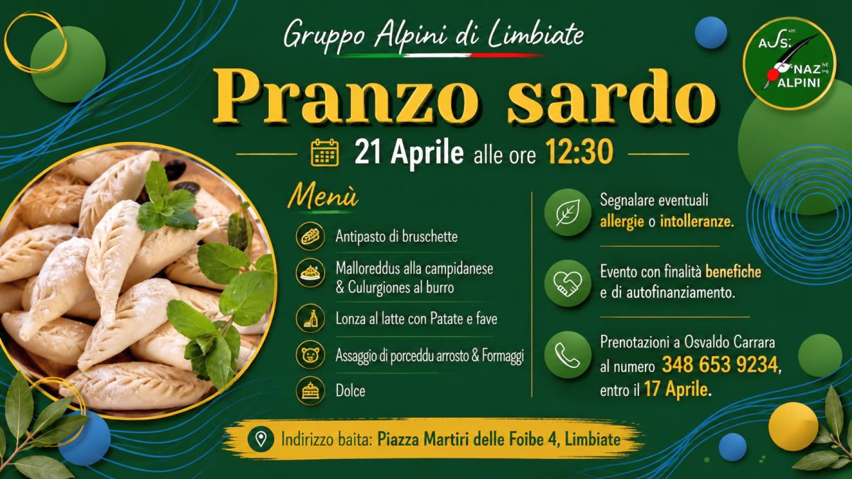 Locandina del Pranzo Sardo organizzato dal Gruppo Alpini di Limbiate con menu tipico della tradizione sarda e pranzo benefico presso la Baita Alpini
