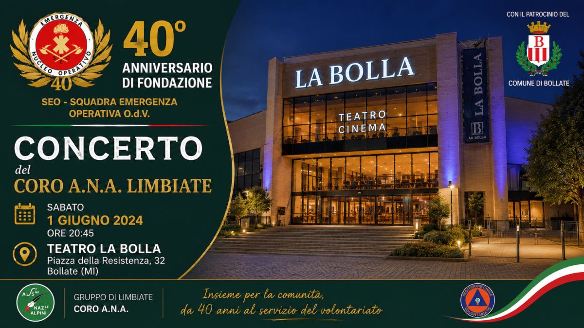 Teatro La Bolla di Bollate illuminato di sera per il concerto del Coro ANA Limbiate in occasione del 40° anniversario della SEO