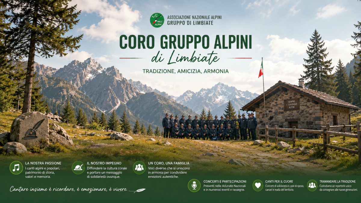 Il Coro Gruppo Alpini di Limbiate in un paesaggio alpino simbolico dedicato alla tradizione corale ANA