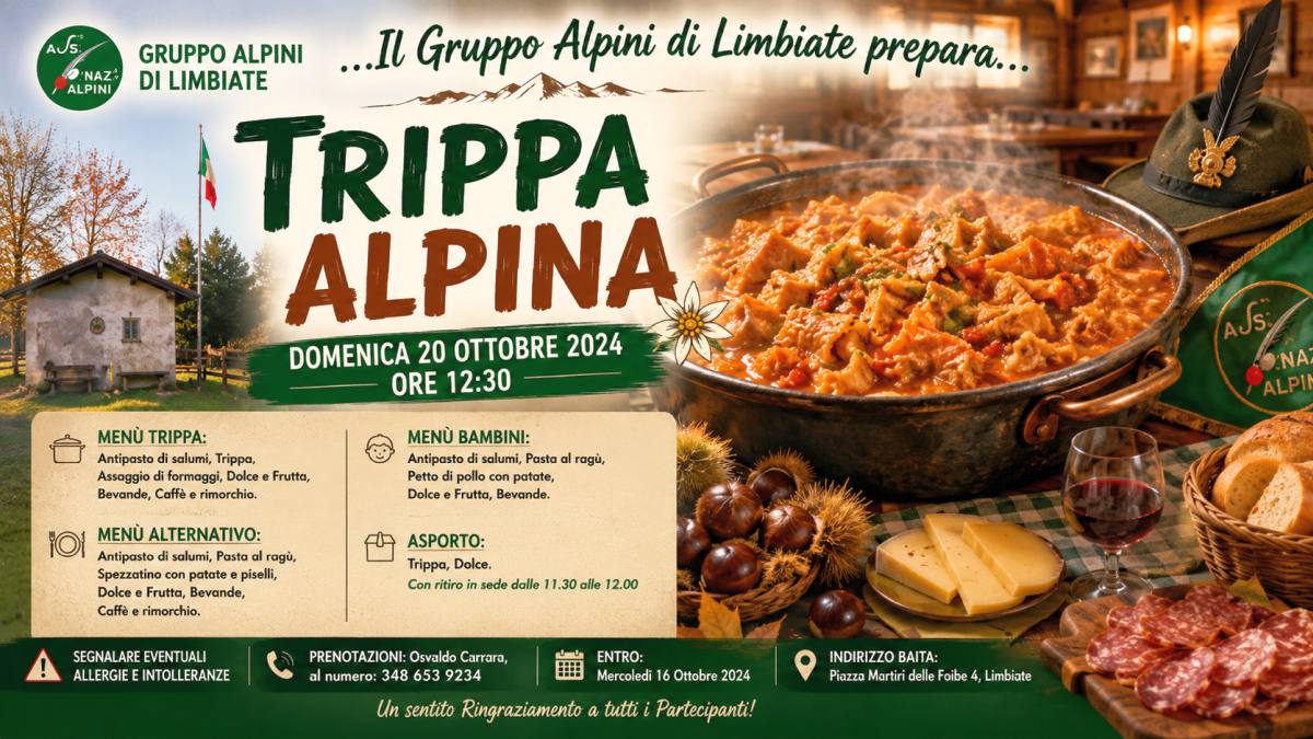 Pranzo degli Alpini a Limbiate con Trippa Alpina, specialità tradizionale servita presso la Baita Alpini