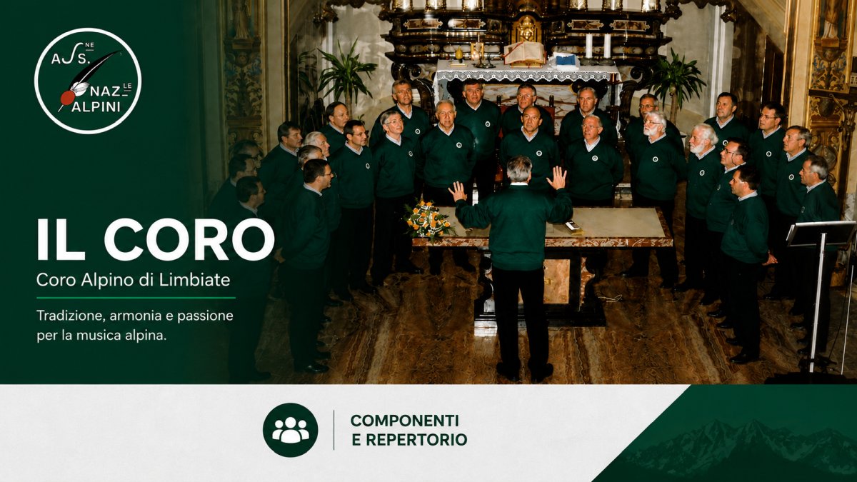Il Coro Alpino di Limbiate durante un’esibizione corale dedicata alla tradizione dei canti alpini e popolari