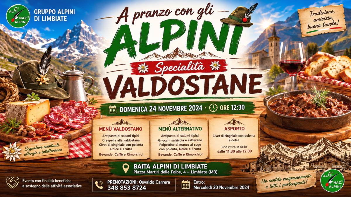 Pranzo degli Alpini a Limbiate con specialità valdostane, salumi di montagna e civet di cinghiale della tradizione alpina