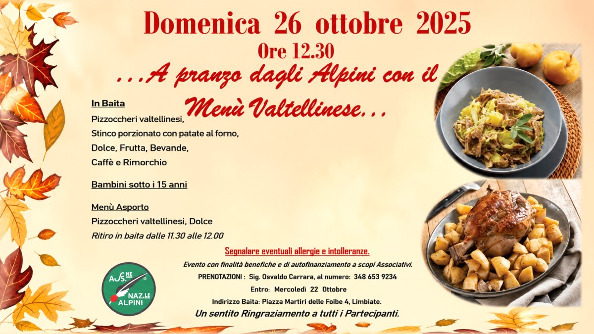Locandina del pranzo degli Alpini a Limbiate con menù valtellinese e specialità tradizionali