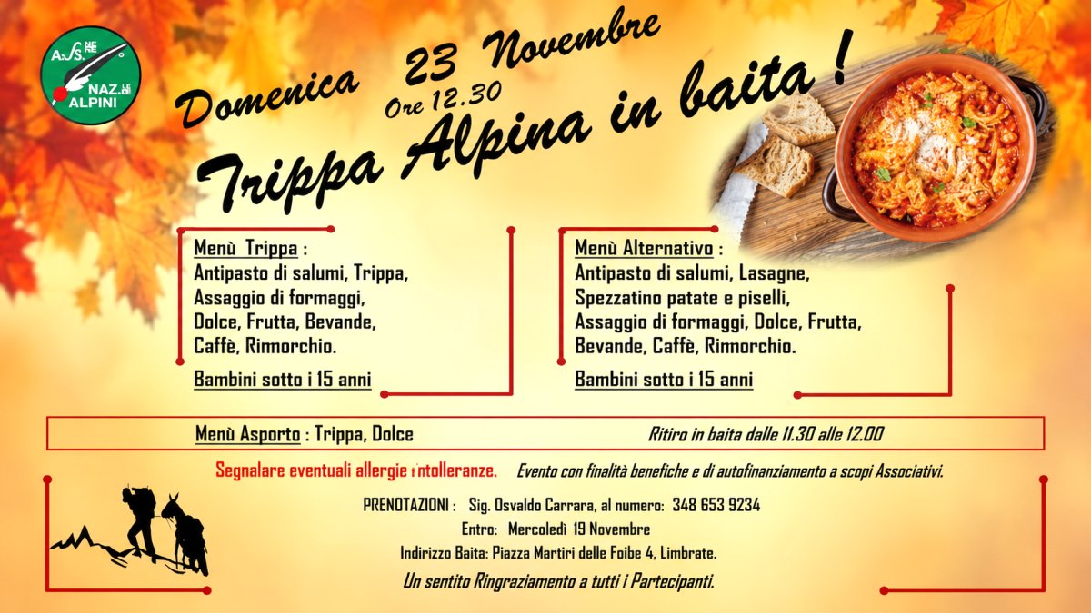 Locandina dell’evento Trippa Alpina in baita organizzato dagli Alpini ANA Limbiate con menu tradizionale e atmosfera autunnale