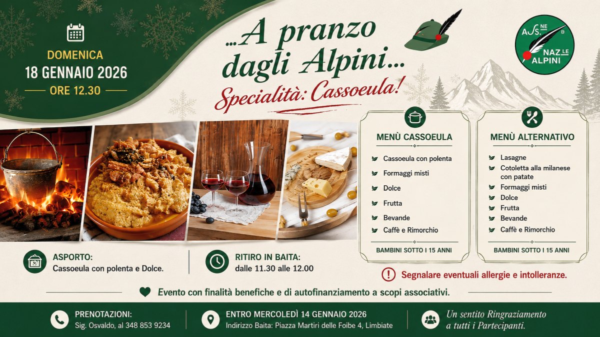 Locandina del pranzo degli Alpini a Limbiate con specialità cassoeula