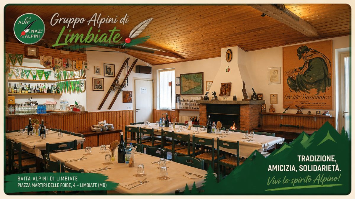 Interno della sede del Gruppo Alpini di Limbiate con sala conviviale, camino e arredi tradizionali alpini