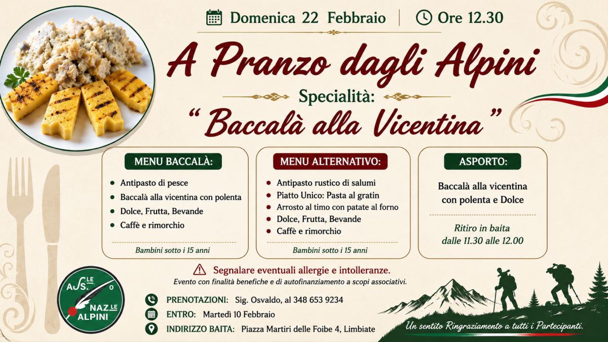 Locandina del pranzo degli Alpini a Limbiate con specialità baccalà alla vicentina