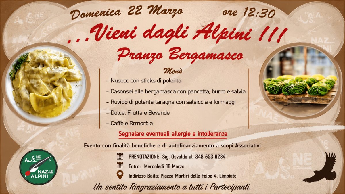 Locandina del Pranzo Bergamasco organizzato dal Gruppo Alpini di Limbiate nel 2026