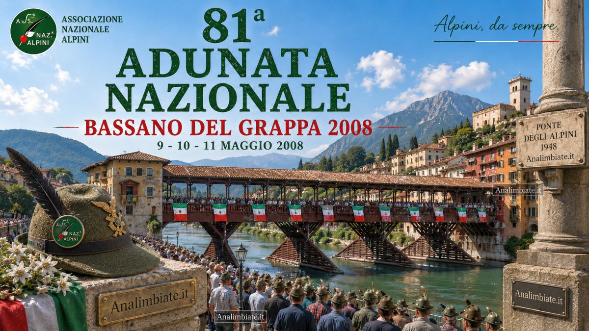 81ª Adunata Nazionale ANA di Bassano del Grappa nel 2008 con il Ponte degli Alpini, il Monte Grappa e la partecipazione delle Penne Nere provenienti da tutta Italia