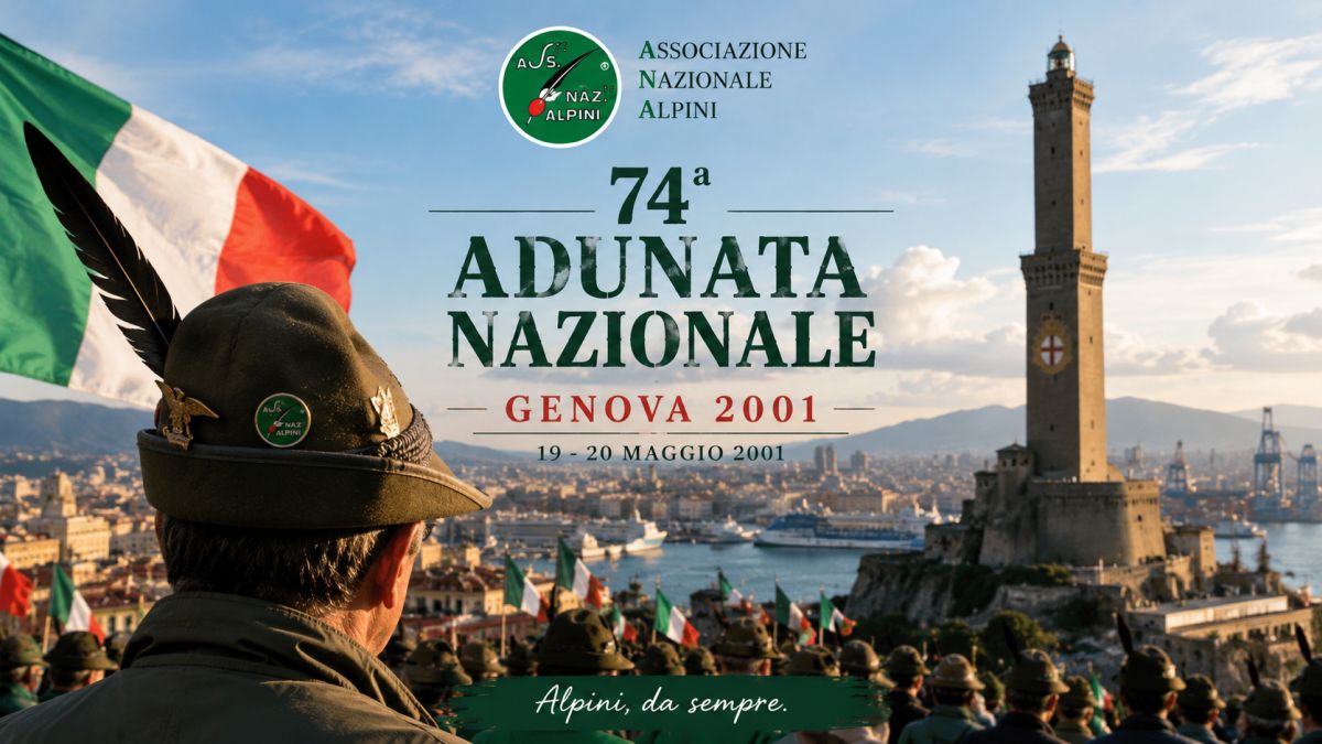 74ª Adunata Nazionale ANA di Genova nel 2001 con la Lanterna, il porto e gli Alpini riuniti per la manifestazione nazionale