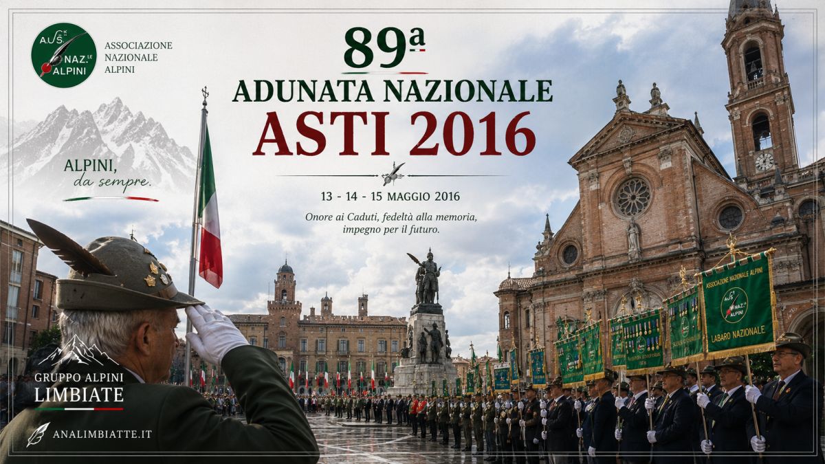 89ª Adunata Nazionale Alpini di Asti nel 2016 durante la cerimonia solenne in Piazza Alfieri con vessilli e rappresentanze ANA