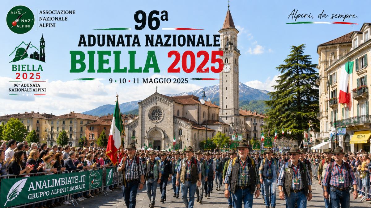 96ª Adunata Nazionale Alpini di Biella nel 2025 con la sfilata delle Penne Nere nel centro storico e le montagne biellesi sullo sfondo