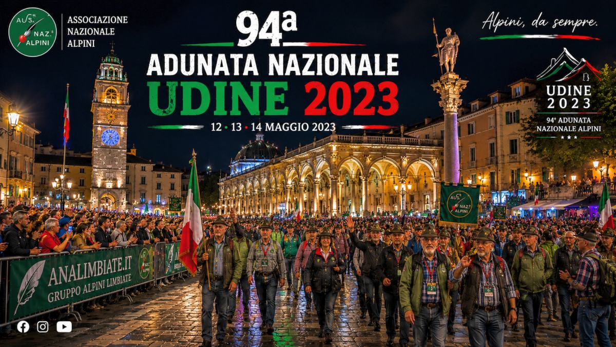 94ª Adunata Nazionale Alpini di Udine nel 2023 con sfilata serale in Piazza Libertà illuminata e migliaia di partecipanti