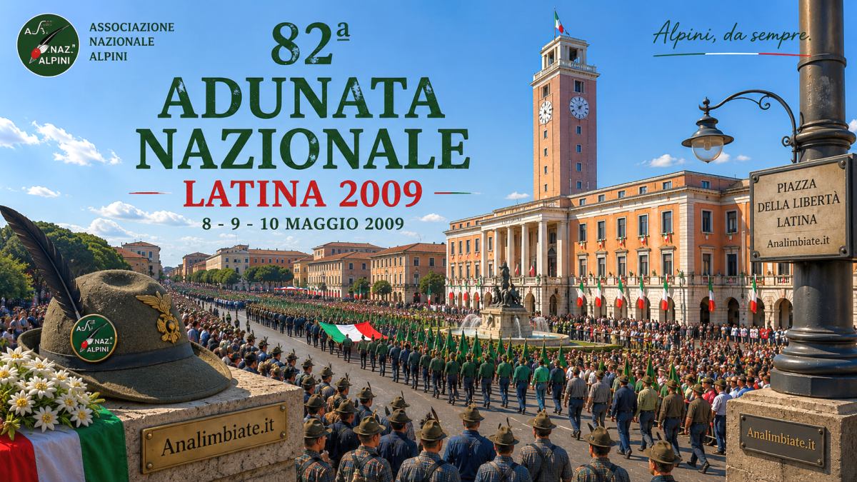 82ª Adunata Nazionale ANA di Latina nel 2009 con Piazza della Libertà, la Torre Civica e migliaia di Alpini durante la sfilata